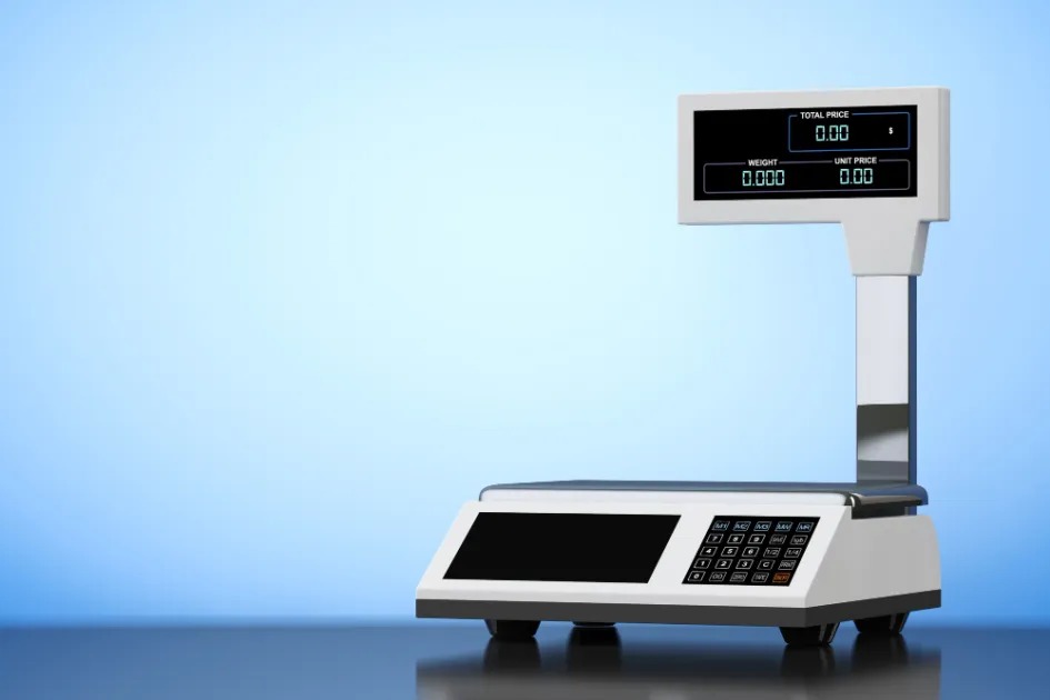 Modern electronic weighing scale with digital display for weight, unit price, and total price.